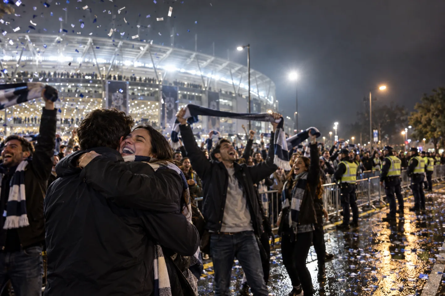 Torcedores celebram juntos nas arquibancadas de um estádio