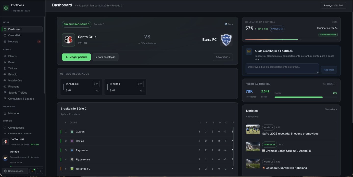 Painel de carreira do FootBoss com notícias sobre o clube e jogadores da base