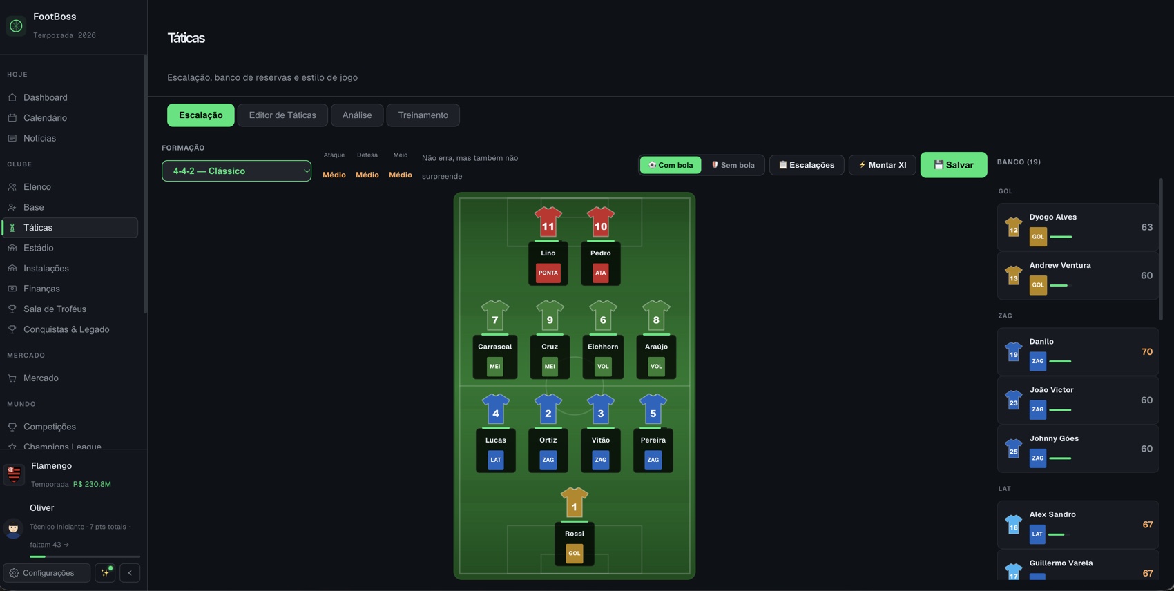 Tela de táticas do FootBoss com formação, titulares, banco e opções de escalação
