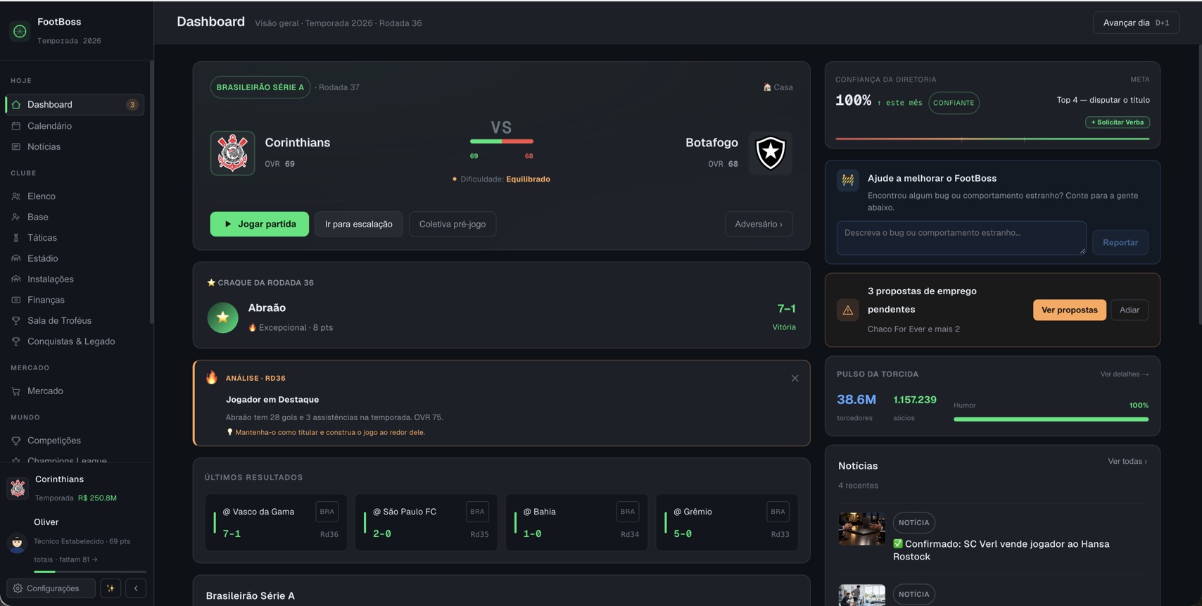 Painel do FootBoss com próxima partida, confiança da diretoria, resultados e notícias.